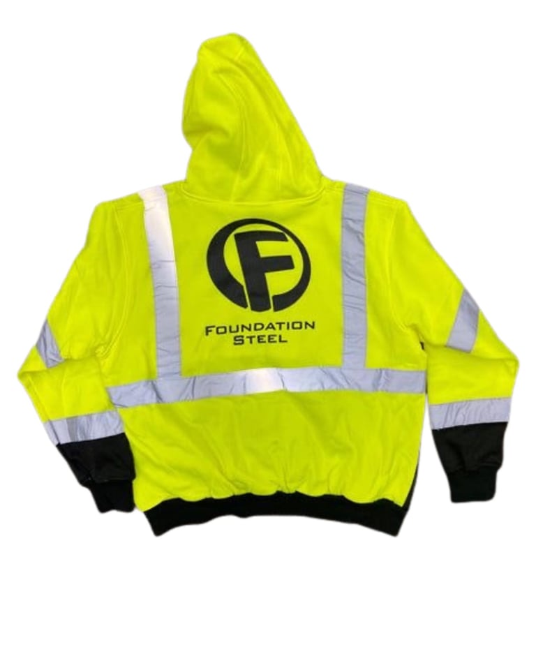 Neon yellow safety hoodie with Foundation Steel logo