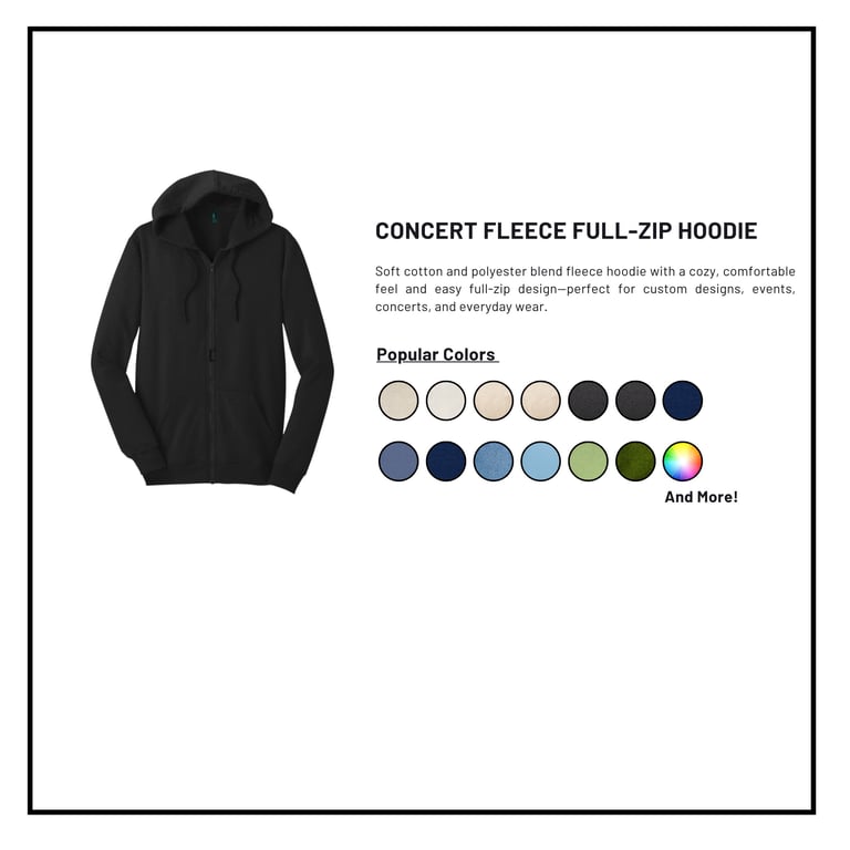 Black concert fleece full-zip hoodie with product description and color swatch options displayed