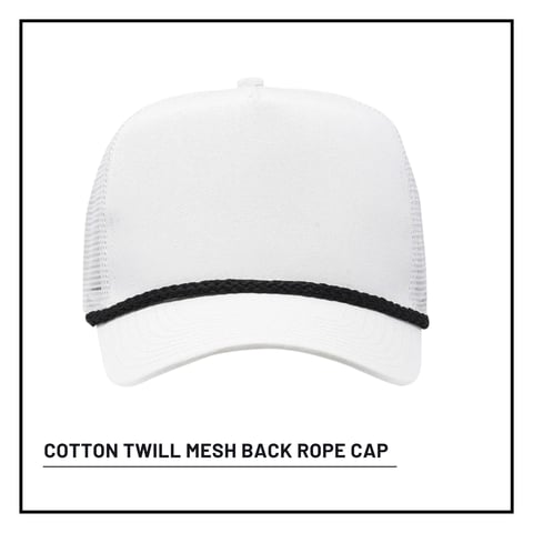 White cotton twill mesh back rope cap with black trim shown from front view