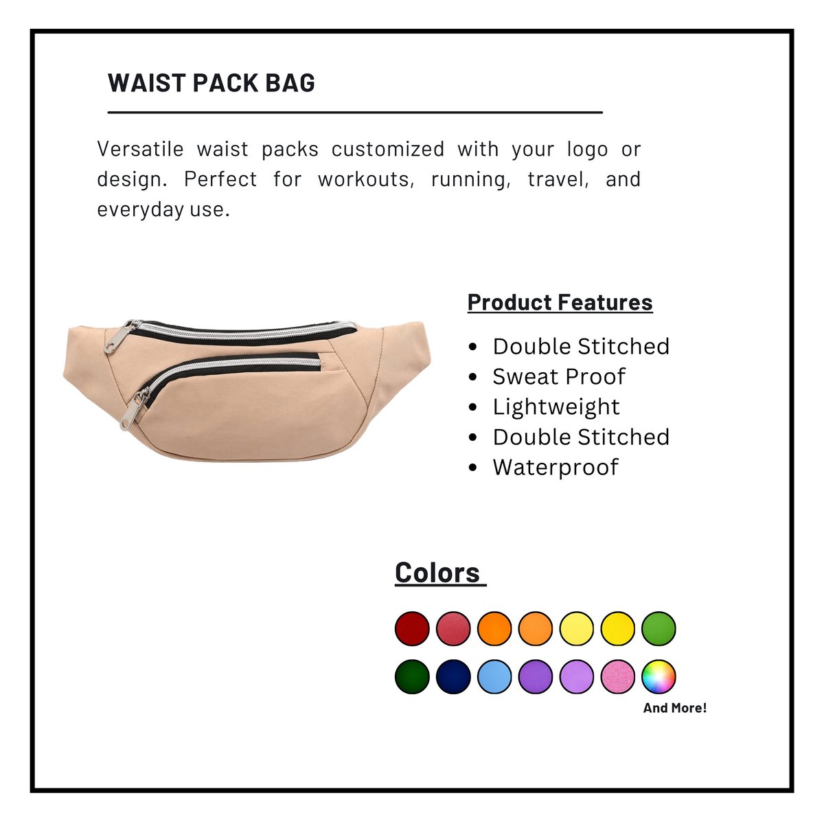 Beige waist pack bag with multiple zippered pockets shown in tan color, with available color options ranging from burgundy to pink