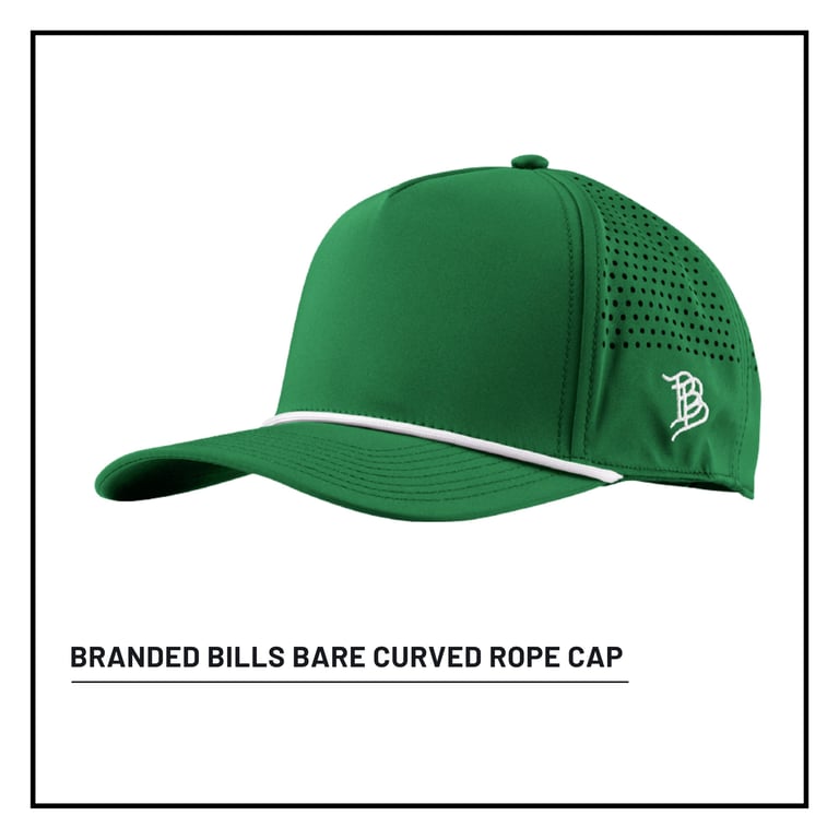 Green branded bills bare curved rope cap with perforated back panel and white piping detail