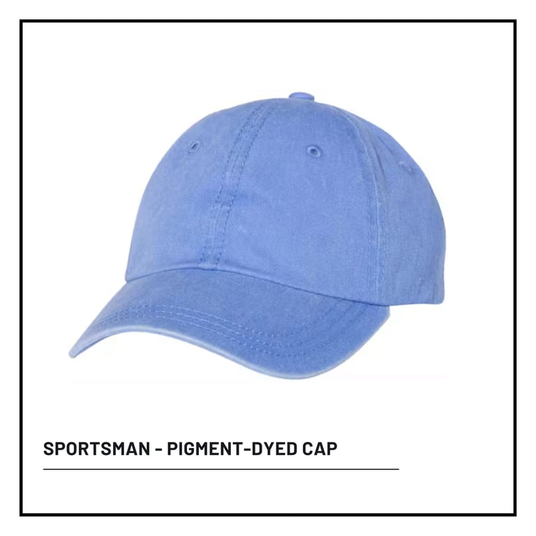 Blue pigment-dyed sportsman cap shown against white background with product label below