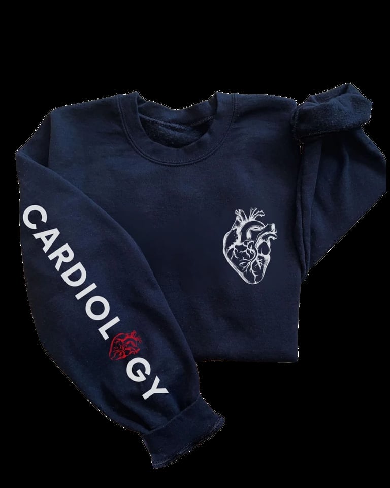 Dark navy sweatshirt with anatomical heart design on chest and Cardiology text on sleeve with red rose accent