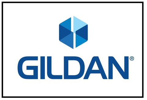 Gildan logo featuring a blue hexagonal geometric symbol above the word Gildan in bold blue letters with a registered trademark symbol