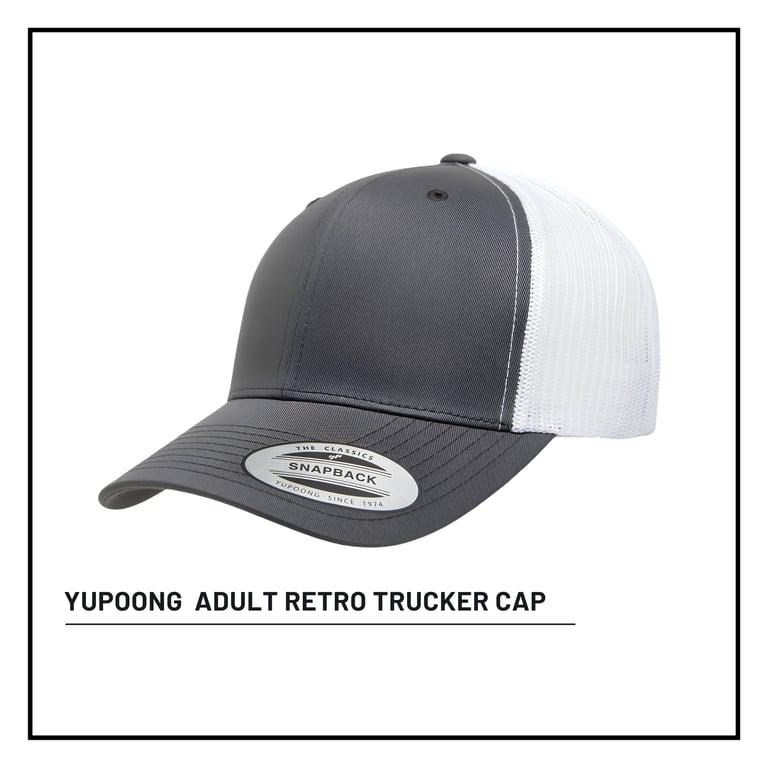 Charcoal and white Yupoong adult retro trucker cap with mesh back panel and curved bill