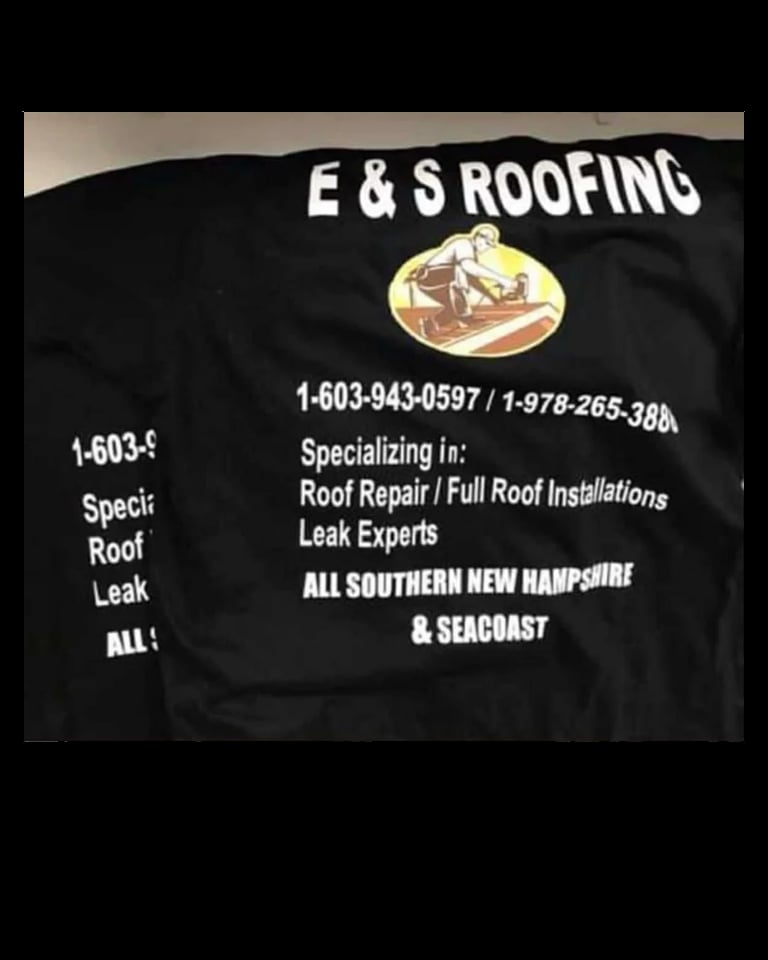 Black E & S Roofing company t-shirt displaying logo, contact numbers, and services specializing in roof repair and leak experts for Southern New Hampshire and Seacoast