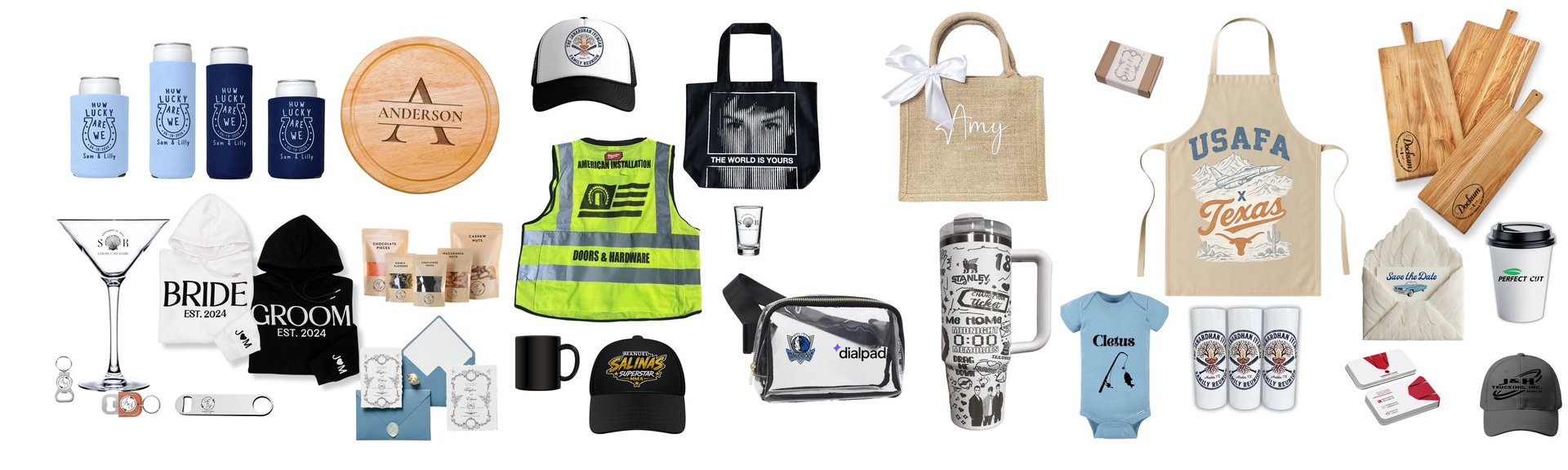 Flat lay of branded merchandise and accessories including water bottles, bags, apparel, drinkware, and personal items