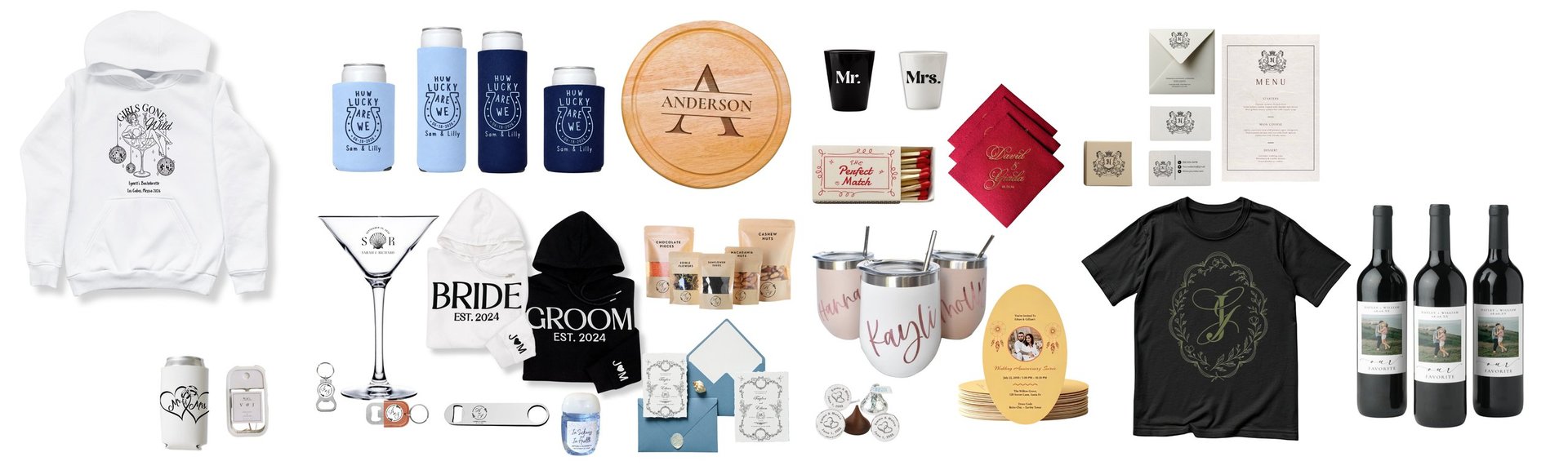 Flatlay of luxury wedding gifts including skincare, wine bottles, apparel, accessories, and home decor items arranged on white background