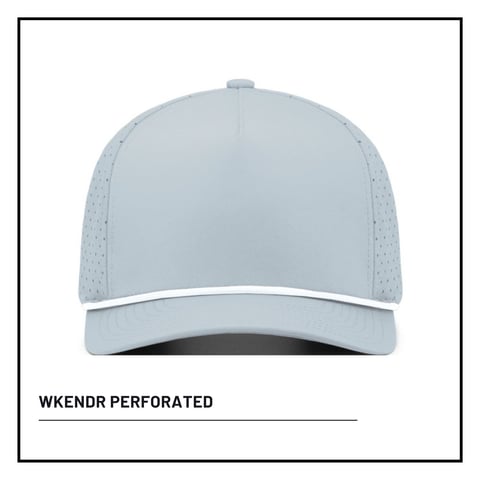 Light blue perforated baseball cap with white trim against white background labeled WKENDR PERFORATED