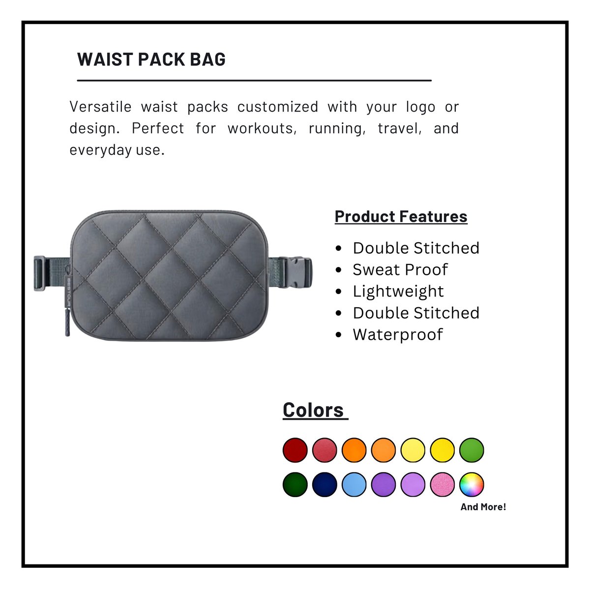 Gray quilted waist pack bag with adjustable straps, product features list, and color swatch options displayed