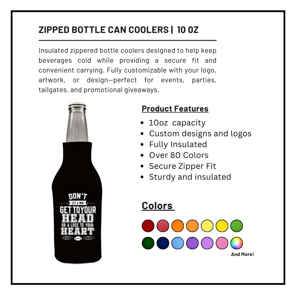 Product page for 10oz insulated zipped bottle coolers available in over 80 colors with customizable design options