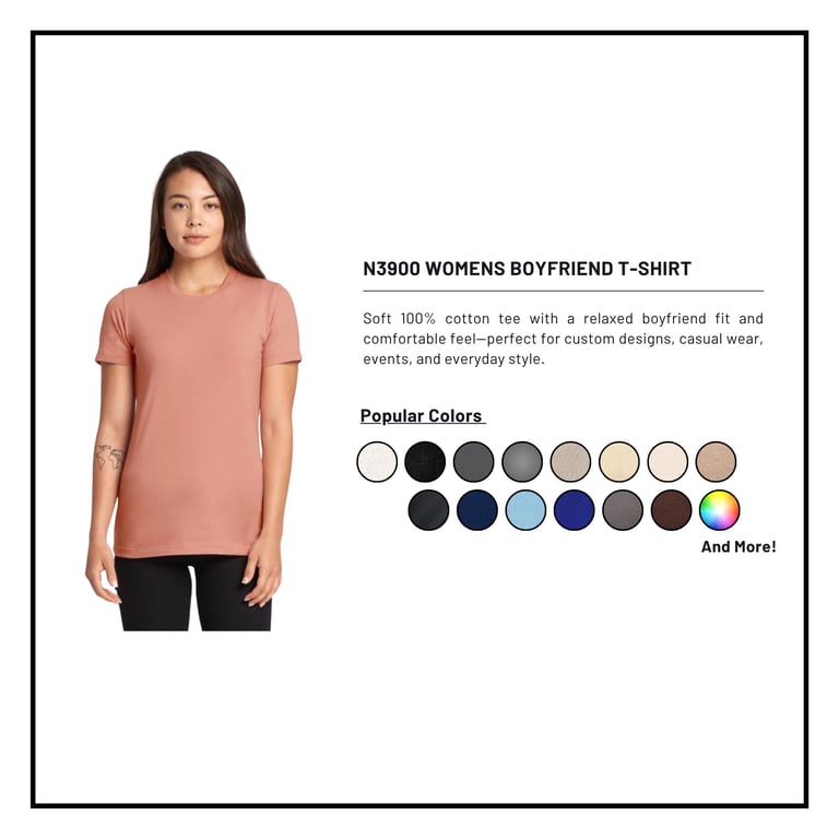 Woman wearing coral N3900 Womens Boyfriend T-Shirt with color swatches displayed below product details