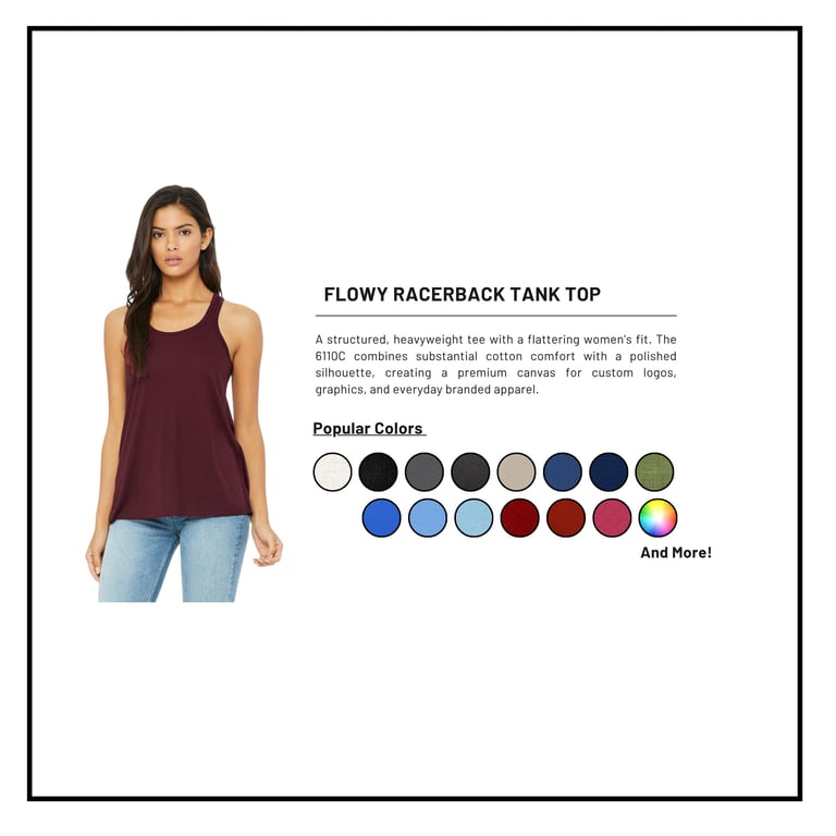 Woman wearing burgundy Flowy Racerback Tank Top with product description and available color swatches displayed