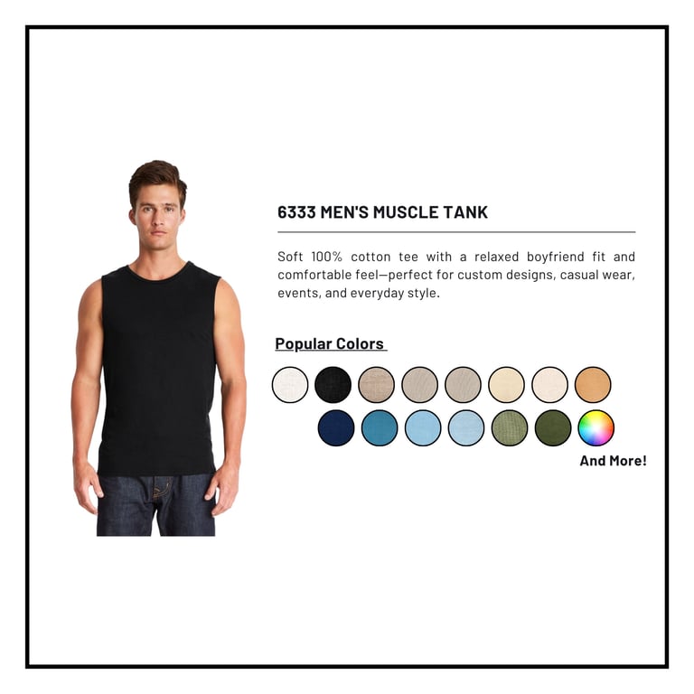 Man wearing black G3333 muscle tank with product description and color swatches displayed