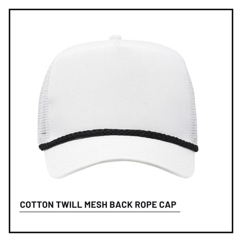 White cotton twill mesh trucker cap with black rope trim on brim, front view on white background