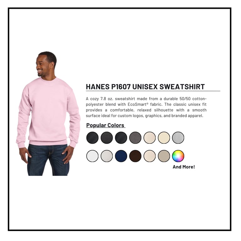 Man wearing light pink Hanes P1607 unisex sweatshirt with product description and color swatches displayed