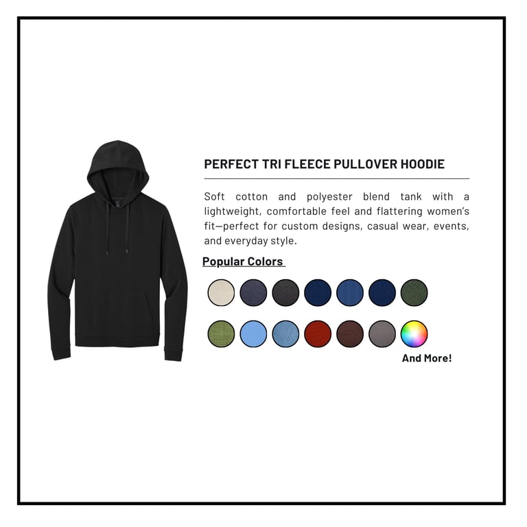 Black tri-blend fleece pullover hoodie displayed with product description and popular color swatches including neutral, navy, and earth tones