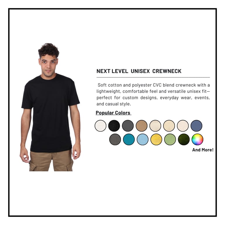 Model wearing black Next Level unisex crewneck t-shirt with product details and available color swatches displayed