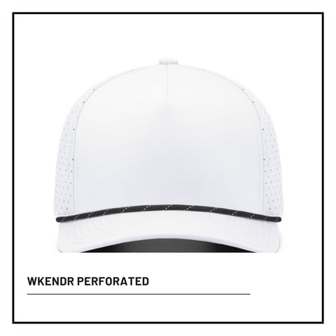 White perforated baseball cap with mesh panels and dark bill against white background, labeled WKENDR PERFORATED