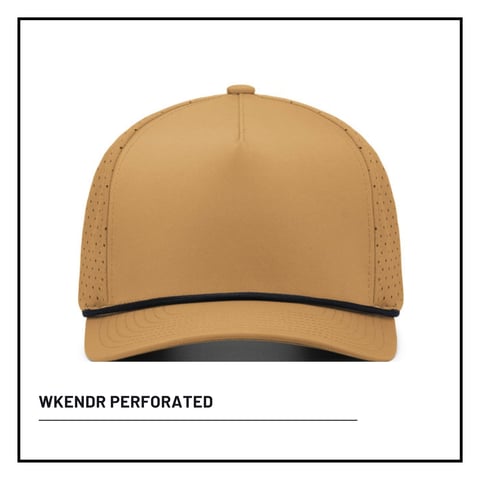 Tan WKENDR perforated baseball cap with mesh vents and black trim on white background