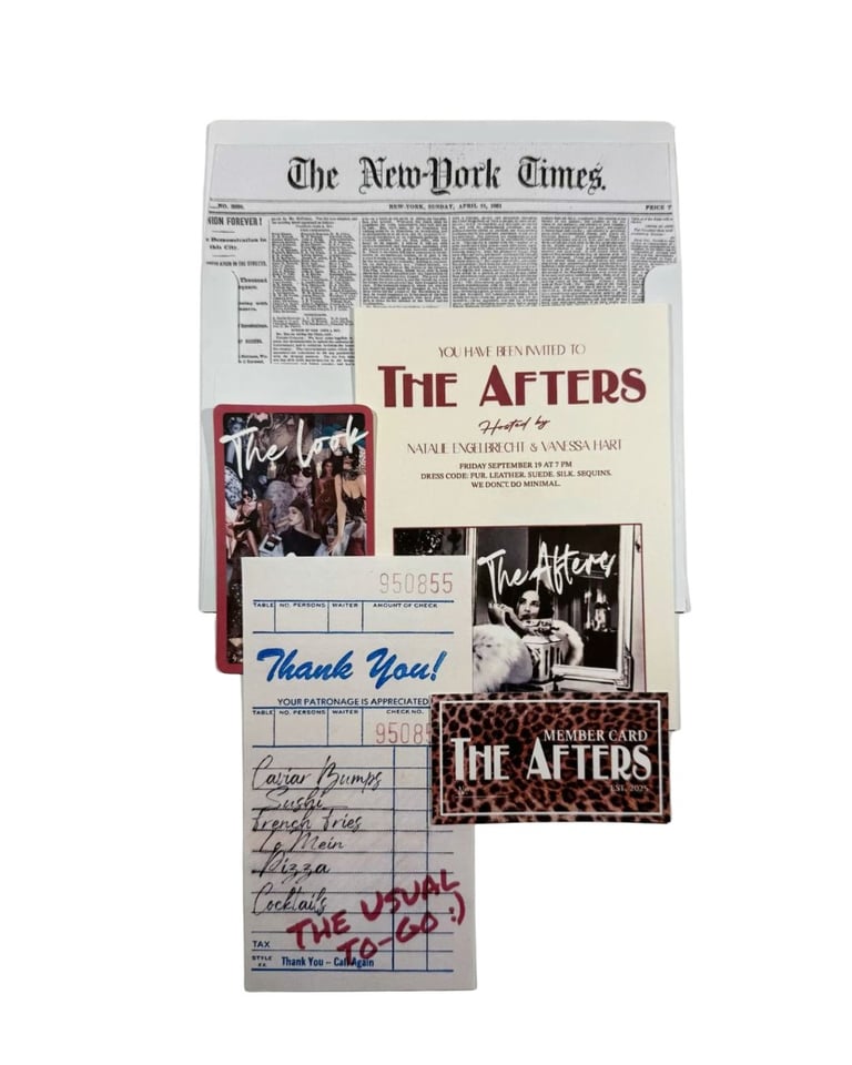 Collage of The Afters band memorabilia including New York Times newspaper, concert flyers, membership card, and handwritten notes arranged on white background