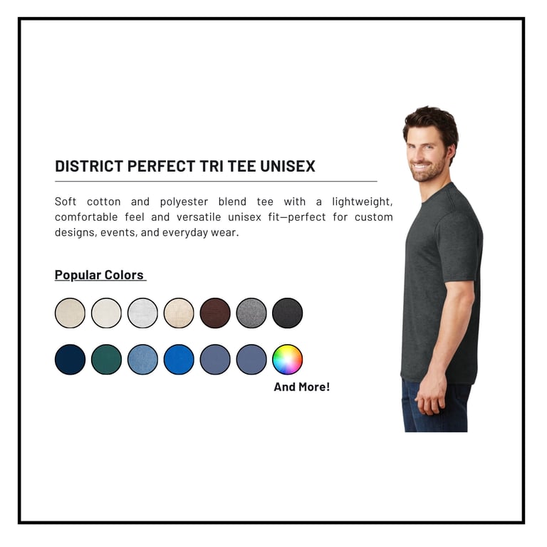 District Perfect Tri Tee unisex t-shirt in charcoal gray shown on male model with color swatches displaying popular color options