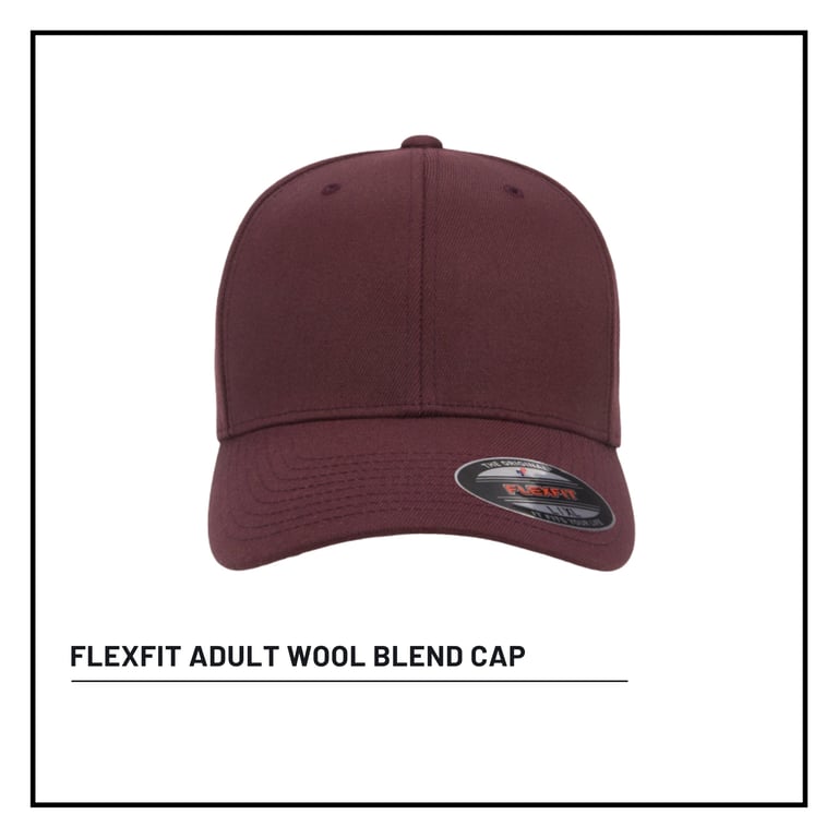 Burgundy FlexFit adult wool blend baseball cap shown on white background with product name label