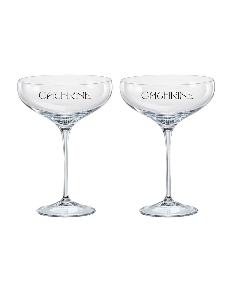 Pair of clear coupe glasses etched with CATHRINE