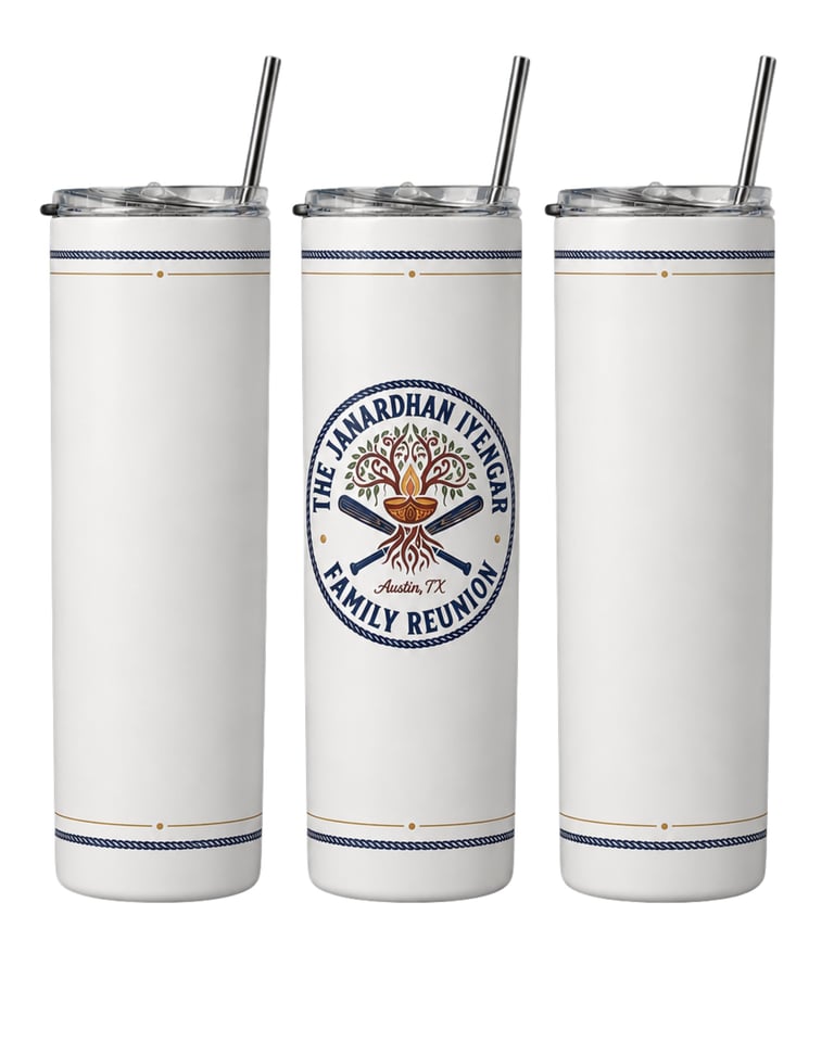 White stainless steel tumblers with family reunion logo