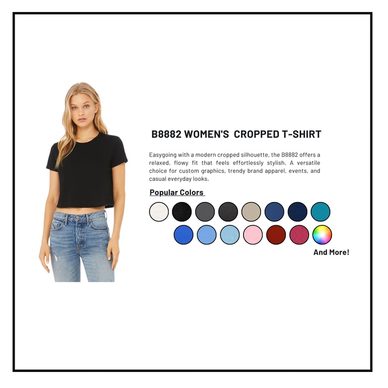 Woman wearing black B8892 cropped t-shirt with color swatches showing available colors