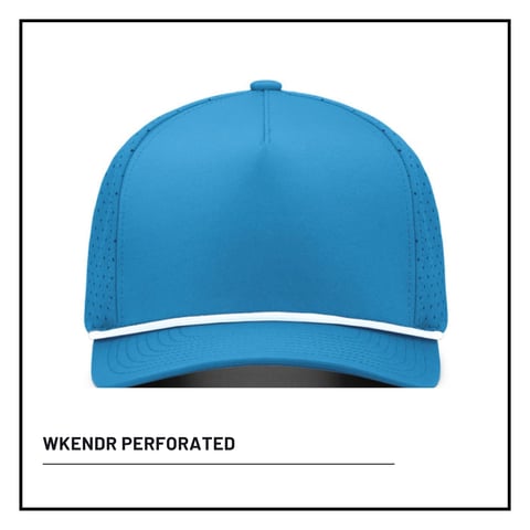 Blue perforated baseball cap with white stripe and adjustable back strap, labeled WKENDR PERFORATED