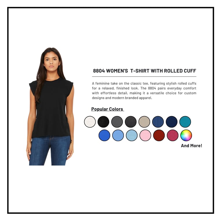 Woman wearing black 880s womens t-shirt with rolled cuff, shown with color swatch options