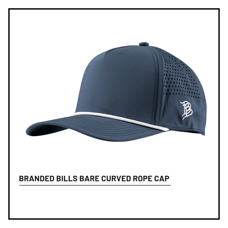 Navy blue curved cap with perforated mesh back panel and white rope trim, branded with logo