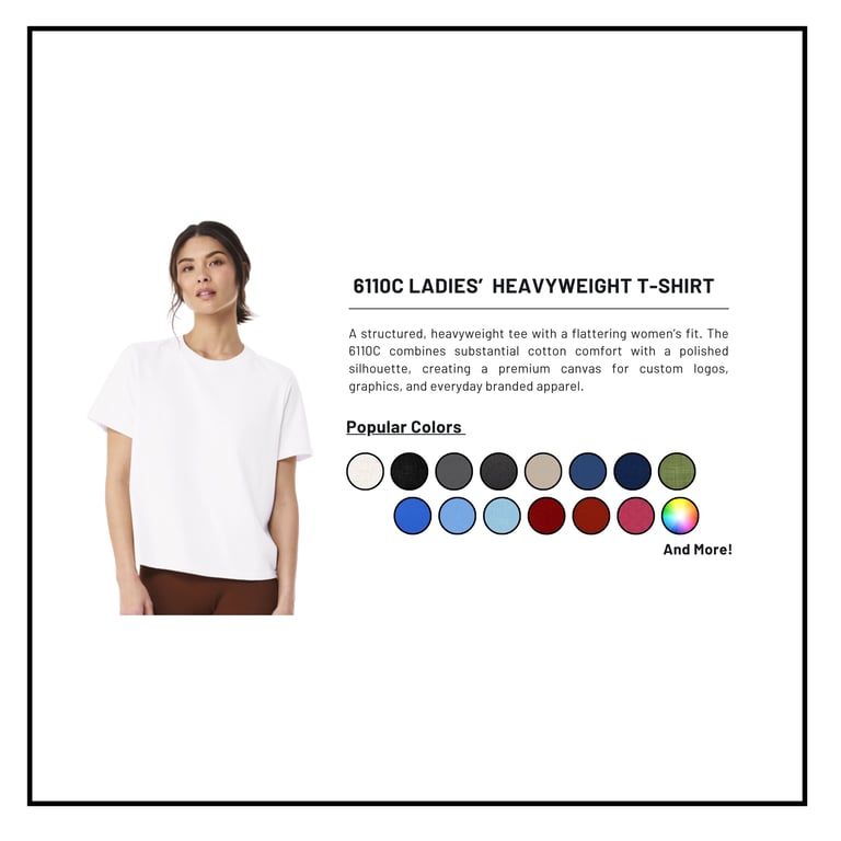 Woman wearing white 6100C Ladies Heavyweight T-Shirt with color swatches showing available colors including black, navy, blue, red, pink, and more