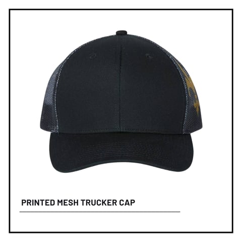 Black printed mesh trucker cap with solid front panel and mesh back panels on white background