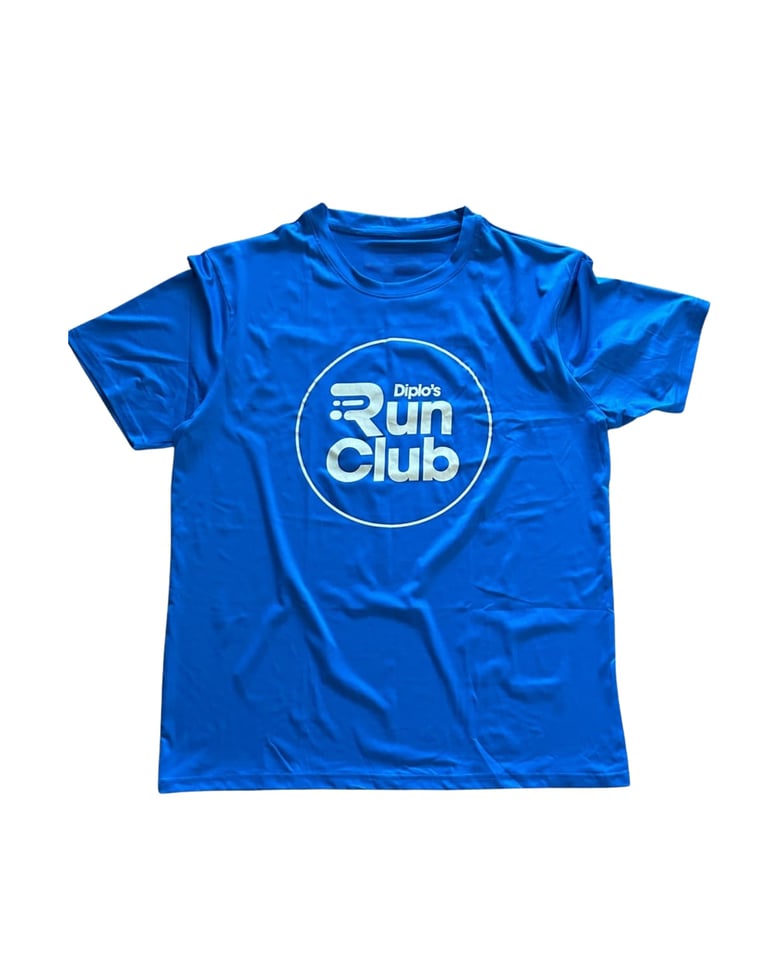 Blue t-shirt with Diplos Run Club logo
