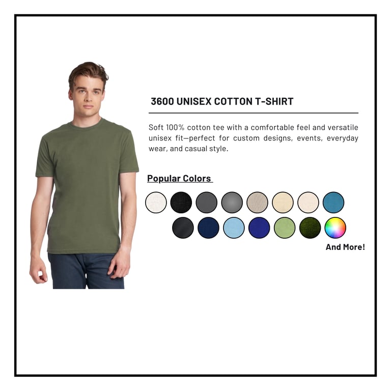 Man wearing olive green 3600 unisex cotton t-shirt with color swatches displayed below product description