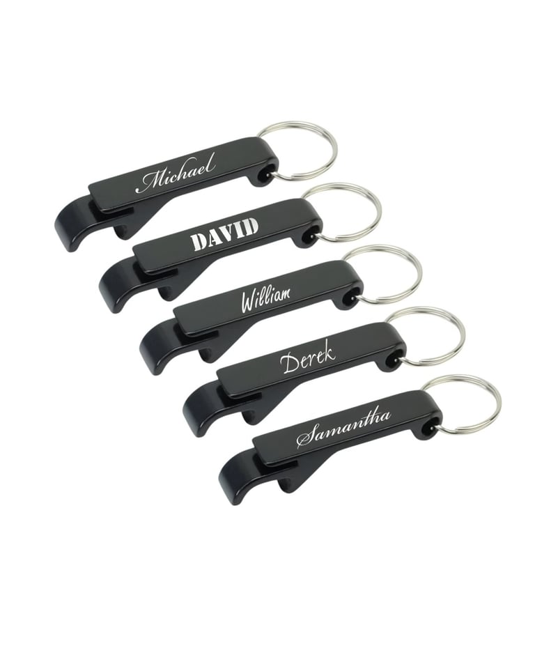 Set of five black personalized bottle opener keychains with engraved names