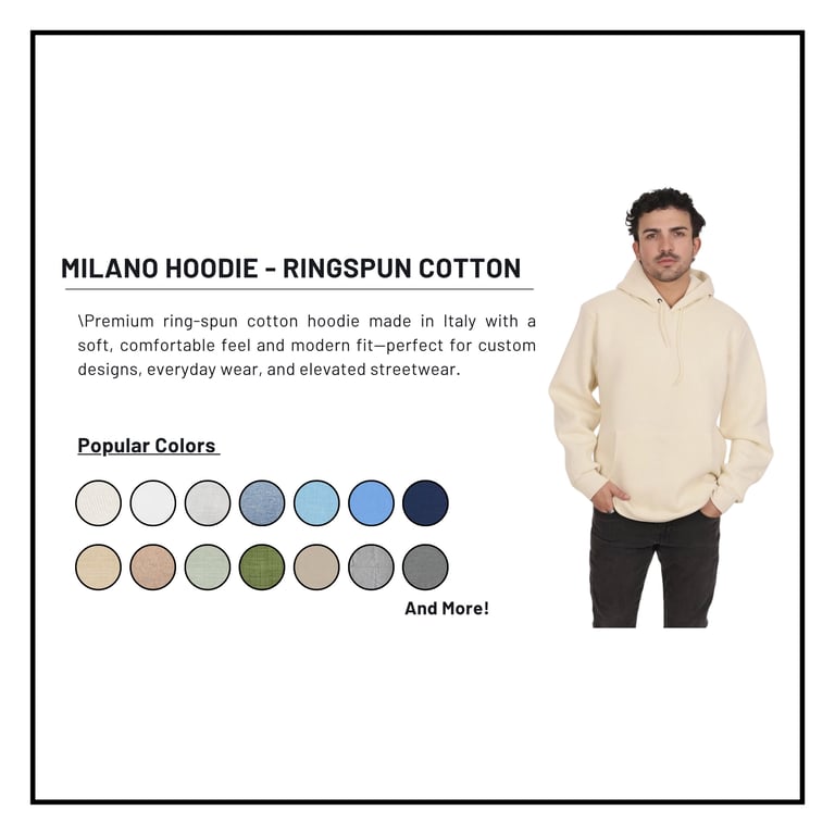 Man wearing cream Milano ringspun cotton hoodie with product details and color swatches displayed