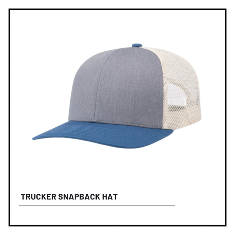 Trucker snapback hat with gray front panel, cream mesh back, and blue visor against white background