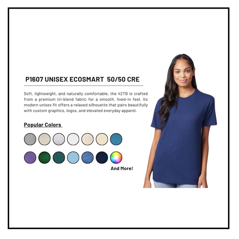Woman modeling navy blue unisex EcoSmart t-shirt with color swatch options displayed below