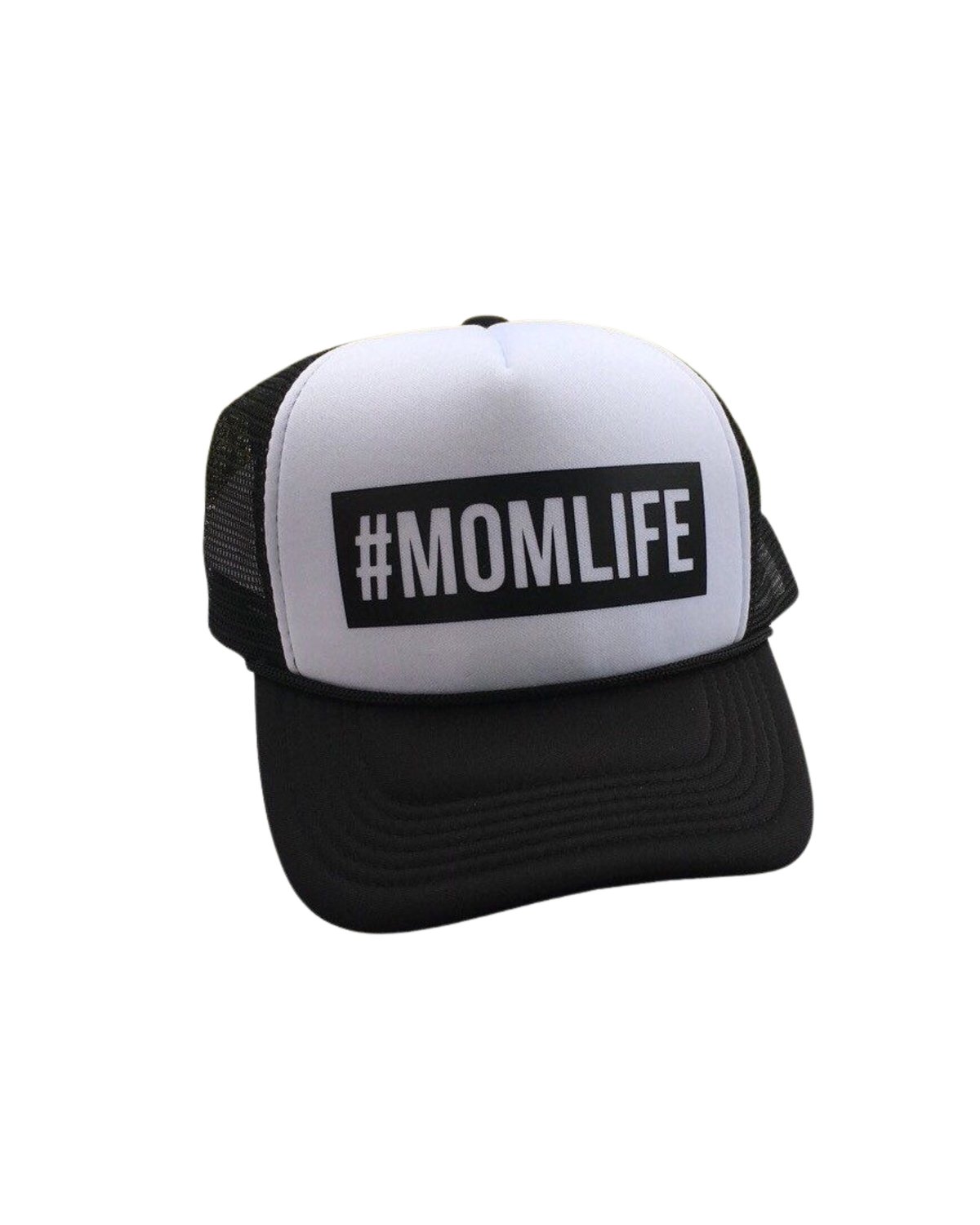 Black and white trucker hat with #MOMLIFE text printed on the front panel