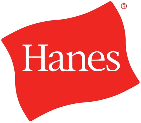 Hanes logo featuring white text on a red tilted rectangular background with registered trademark symbol