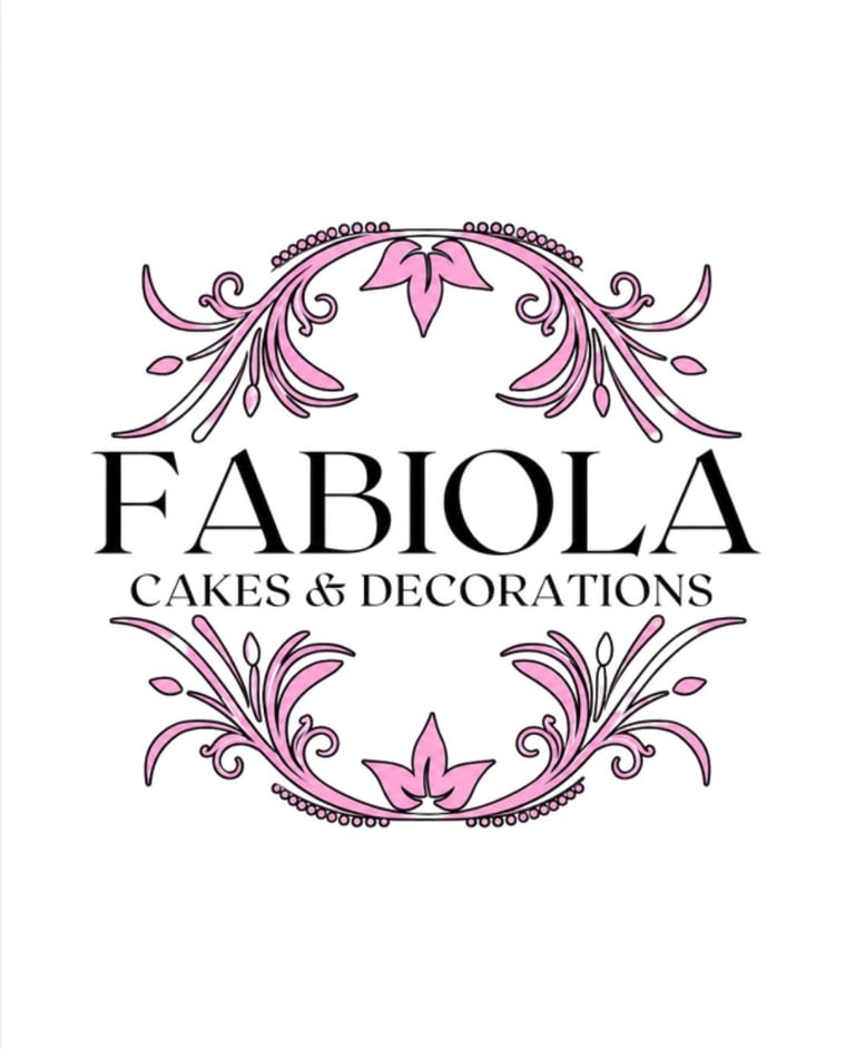 Fabiola Cakes and Decorations logo with ornate pink and purple floral flourishes framing the text