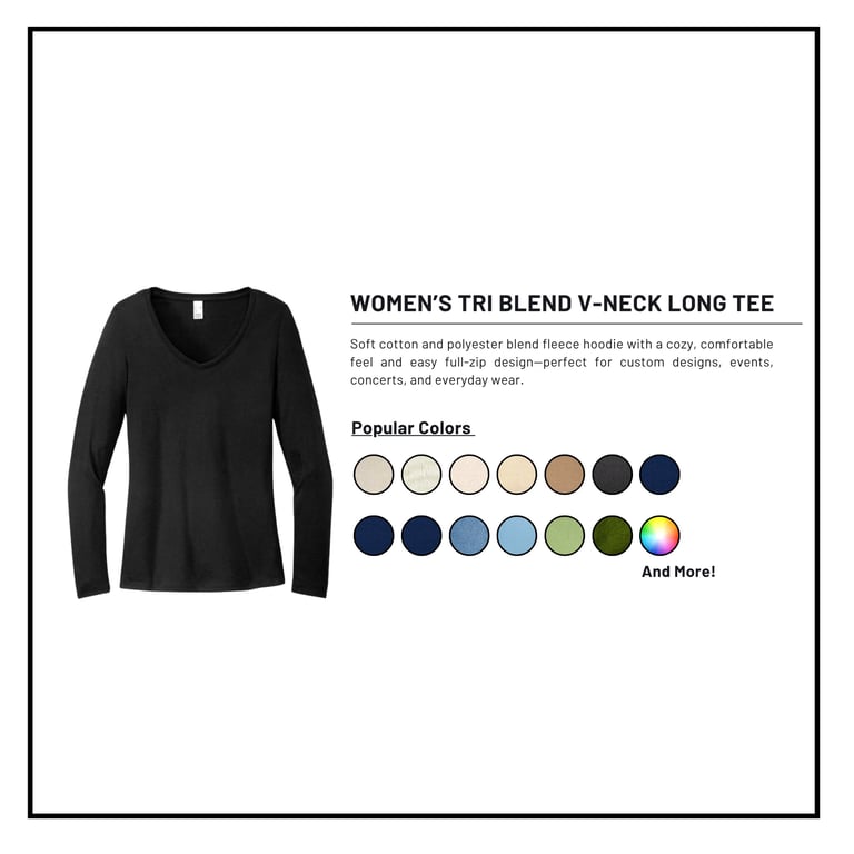 Black womens tri blend v-neck long sleeve tee displayed with popular color swatches including neutrals, blues, greens, and more.