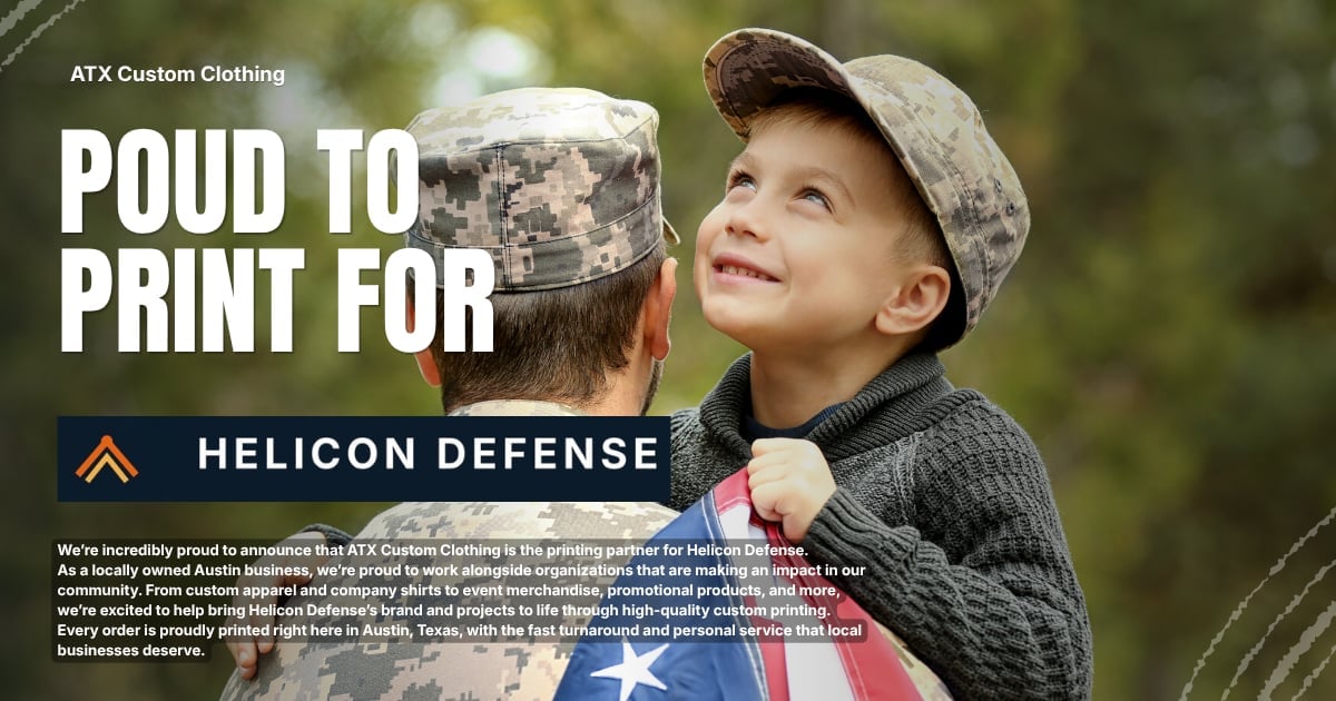 Young boy wearing digital camo cap and dark sweater smiling outdoors. ATX Custom Clothing Proud to Print For Helicon Defense advertisement with Helicon Defense logo.