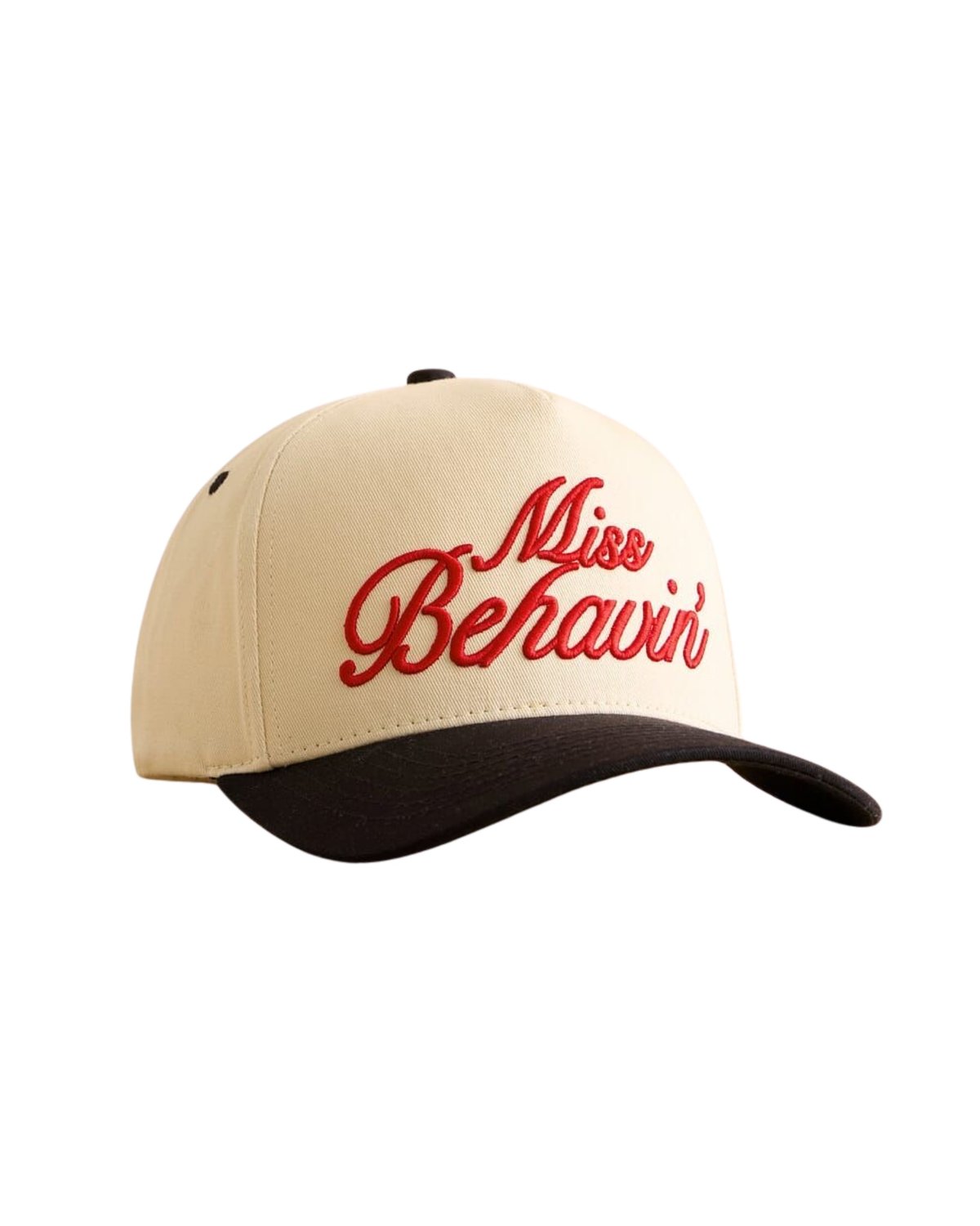 Cream and black baseball cap with red Miss Behavior cursive script embroidery