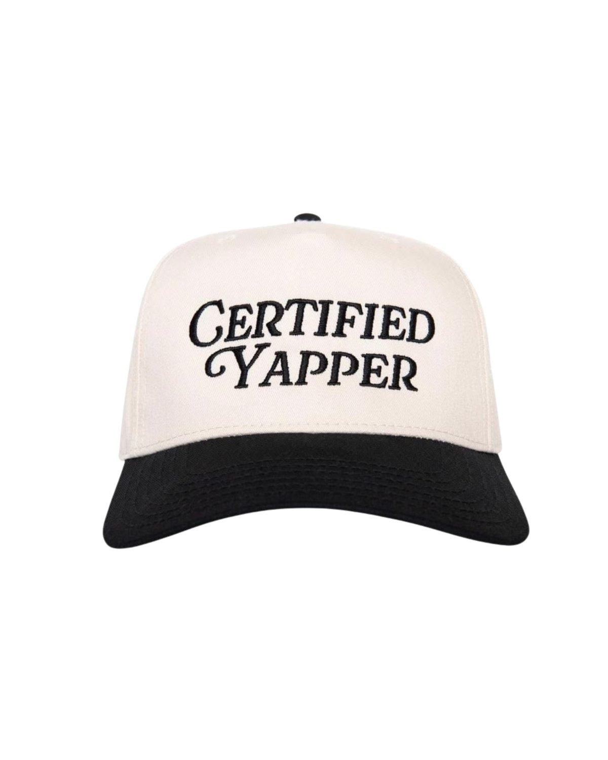 Two-tone baseball cap with white front panel and black visor, embroidered with Certified Yapper text
