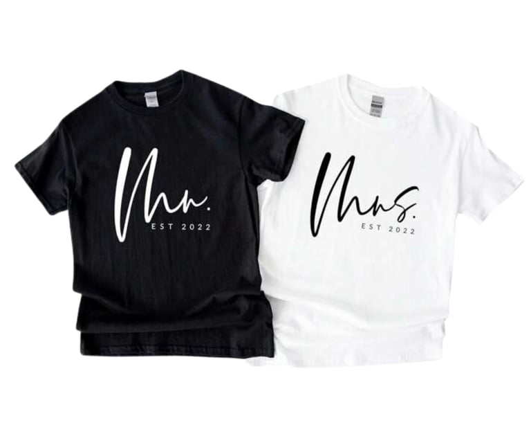 Matching black and white t-shirts with Mr. and Mrs. EST 2022 script print design