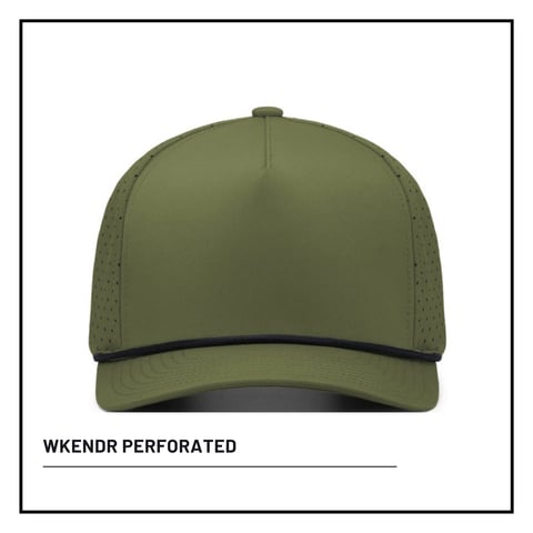 Khaki green perforated baseball cap with dark stripe and ventilation holes on sides